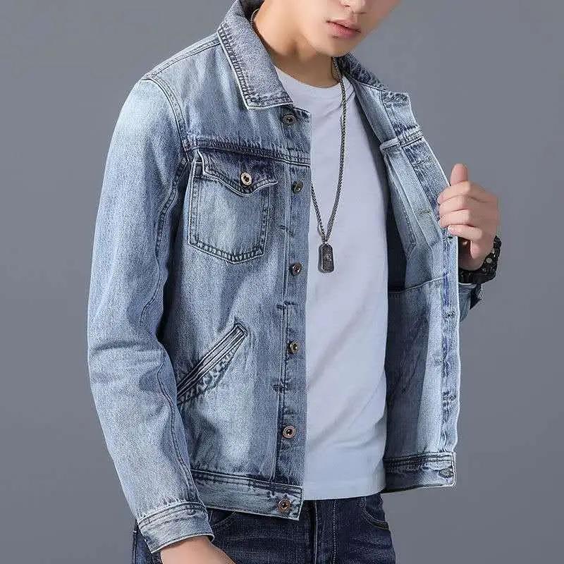 Spring Men's Casual Cotton Denim Jacket Classic Style Fashion Slim Washed Retro Blue Jeans Coat Male