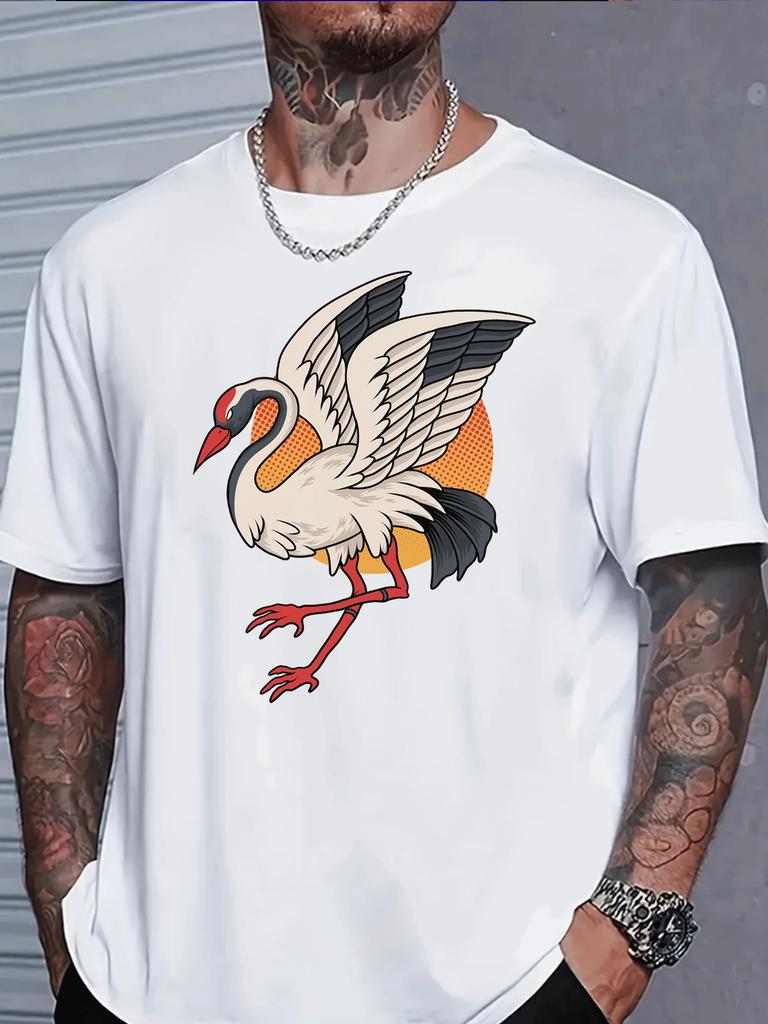Asian Style Red Crowned Crane Print Unisexs Short Sleeve Crew Neck Cotton Tee Loose Fit Lightweight Summer Daily Street Wear Top