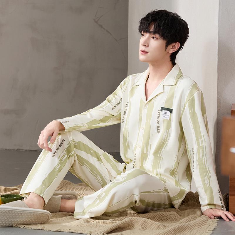 Antibakterieller Herren-Schlafanzug aus reiner Baumwolle der Klasse A – Langarm-Strickjacke für Frühjahr/Herbst 2025, lässige Heimkleidung