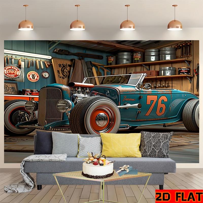 2D Plane, 1 Piece of Retro Modified Car Garage Backdrop Fabric, Suitable for Cars and Birthday Parties
