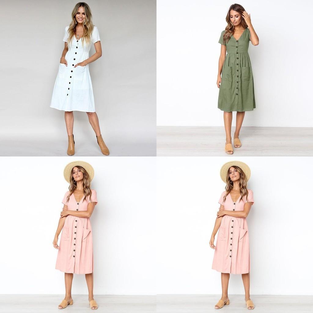 Nrj 2020 Hot Sale V-neck Button-up Short Sleeve Women's Dress With Pockets