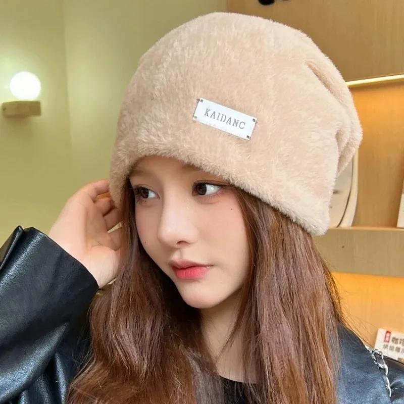 Women Plush Baggy Beanies Hats Winter Thicken Warm Solid Fleece Wool Skullies Hat Outdoor Coldproof Caps Female Gorros Bonnet