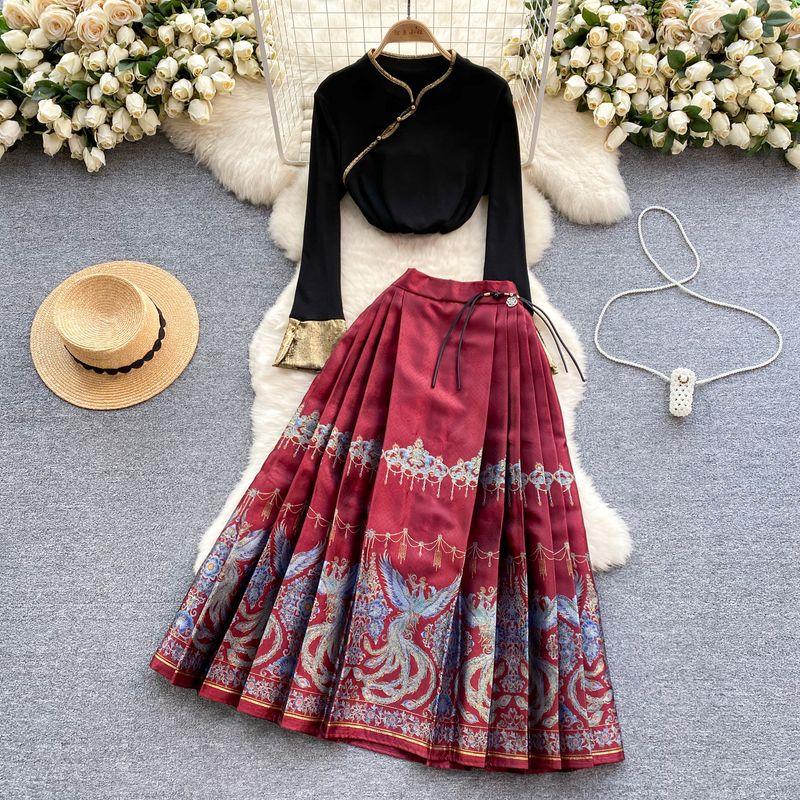 

Китайский модный ретро Новый китайский рукав-колокол Легче всего сочетать с юбкой «лошадиное лицо» Black Red Suit L