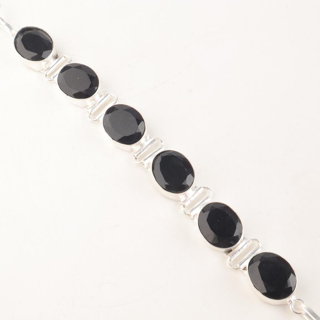 Black Onyx Gemstone 925 Sterling Silver Jewelry Handmade Bracelet8" Gift For Mom RB-4-15