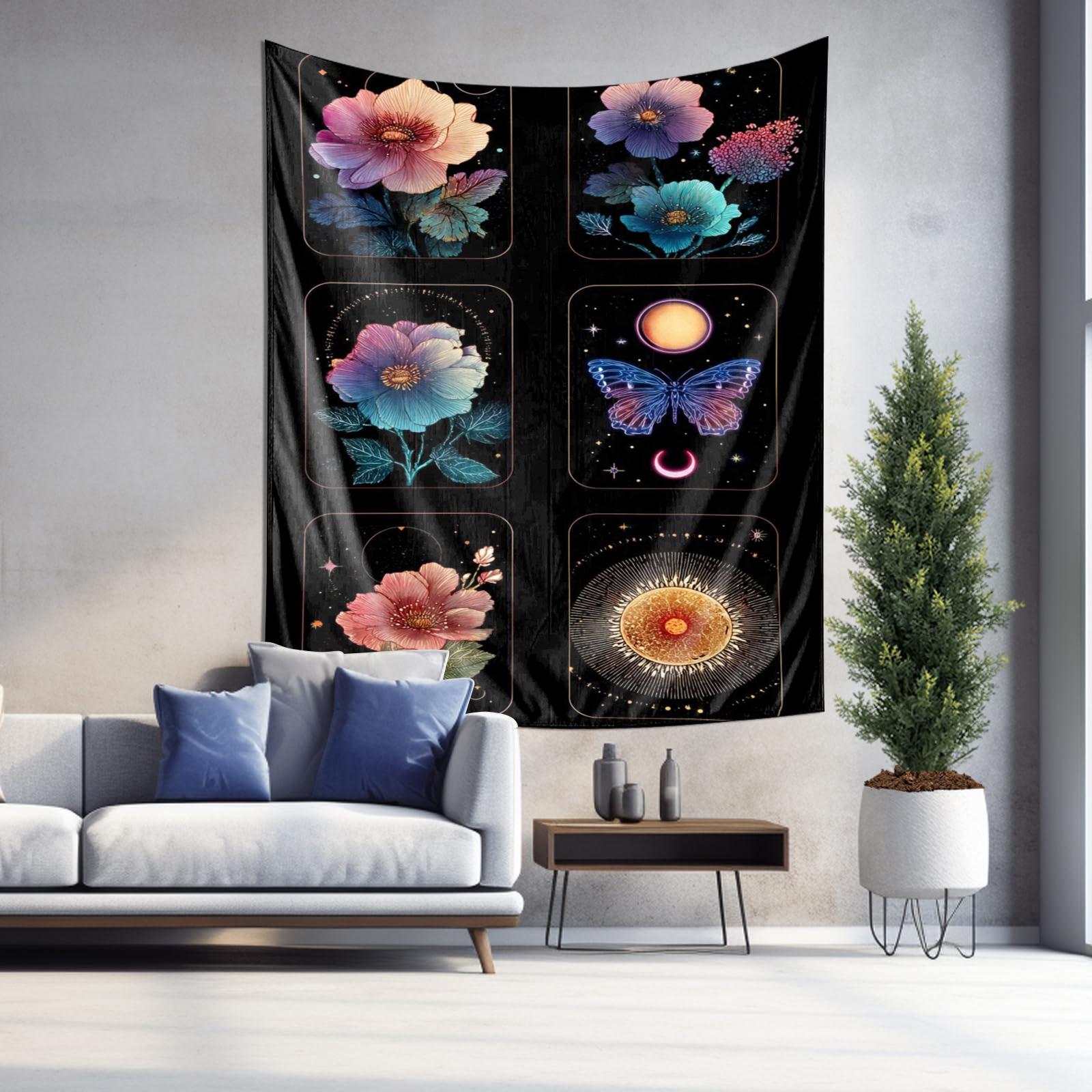 Cosmic Flower Butterfly Moon Wall Tapestry Machine Washable All Season Decor Art Print Mystical Galaxy Design Home Quick Setup 74x94cm(29x37in)