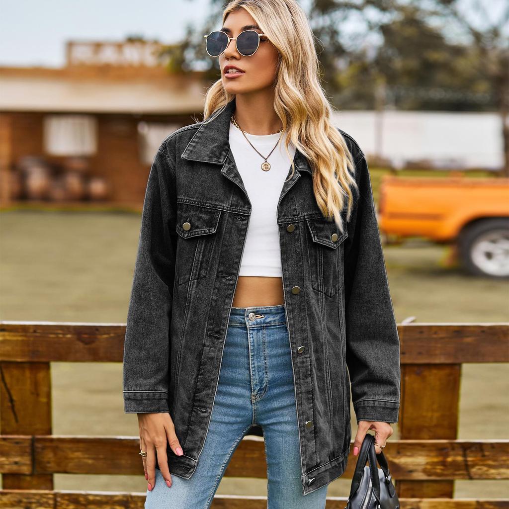 TIFICY Women's Fashion Denim Autumn and Winter Long Sleeve POLO Neck Casual Lapel Top Jacket