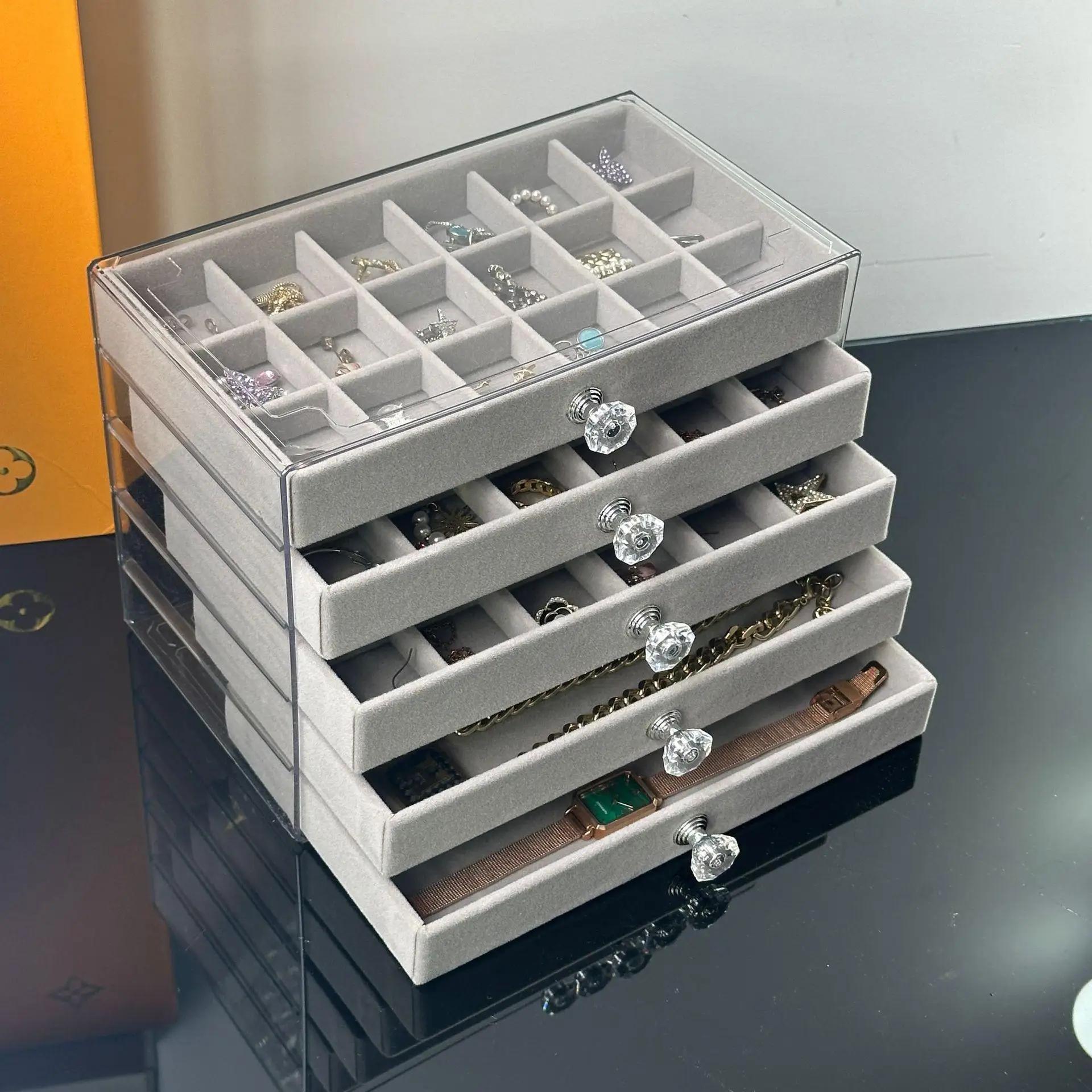 

Акриловый органайзер для украшений из бархата 2025 с 5 ящиками для хранения серег, ожерелий, браслетов - Штабелируемая витрина, коробка, держатель