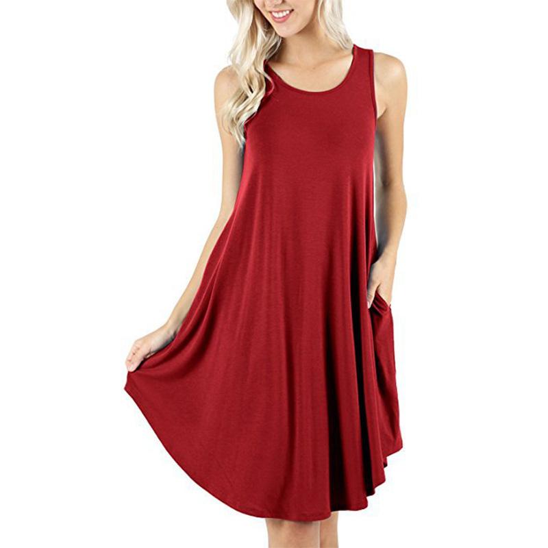 Women s Sleeveless Pocket Casual Tank Top Flared Swing Dress S красный