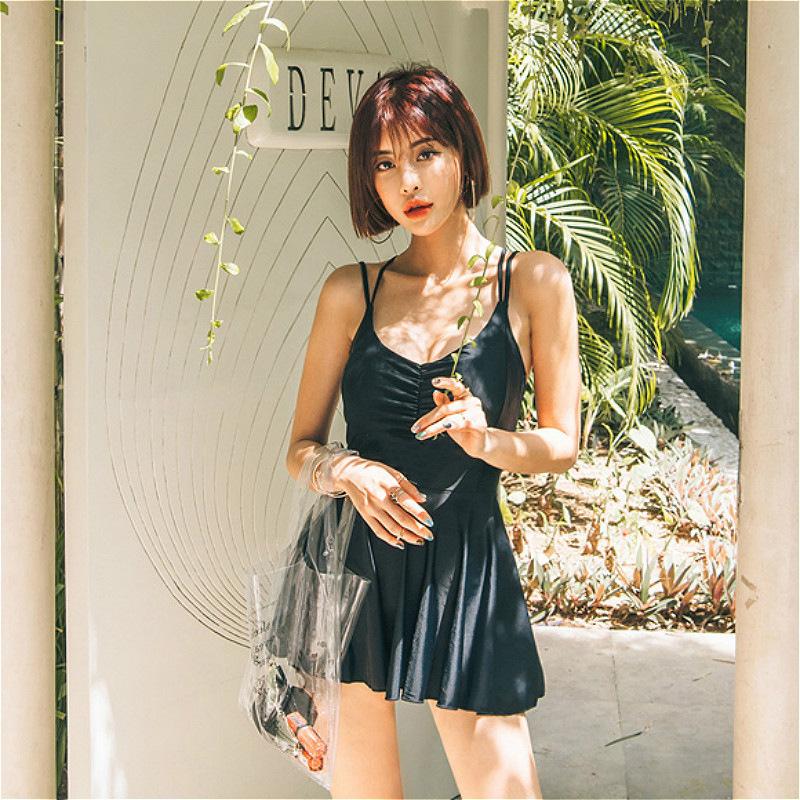

Hot spring swimsuit sexy backless steel tray gathers to cover the belly and look thin one-piece flat-angle skirt swimsuit M чёрный