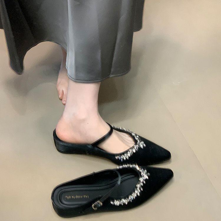 Height-increasing silver bag head slippers 2025 spring new rhinestone one-pedal outer wear pointed single shoes women's platform slippers