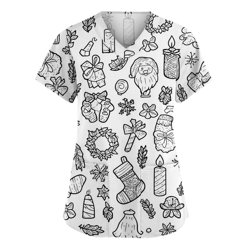Damenmode V-Ausschnitt Kurzarm Overalls mit Taschen Print Tops Kleidung