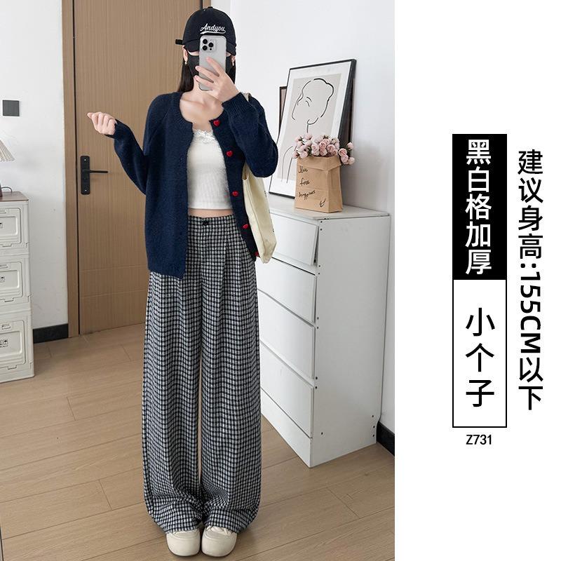 Retro plaid straight wide-leg pants women's autumn new high-waisted lazy loose thickened velvet trousers