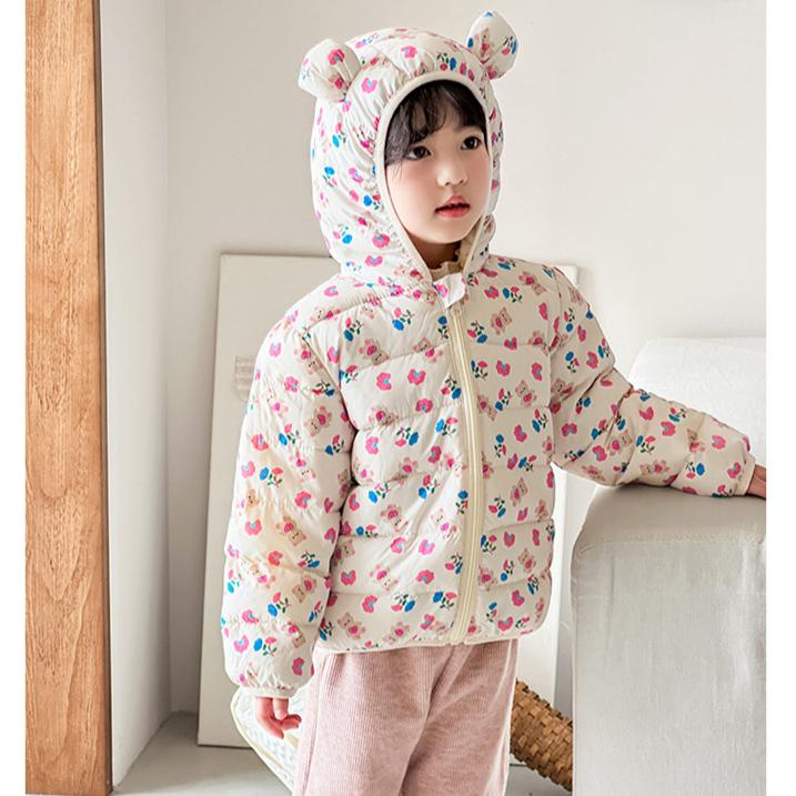 autumn cute Flower print coats Girls' warm cotton-padded children's clothes fashion style blue winter baby girl thickened short cotton-padded jacket