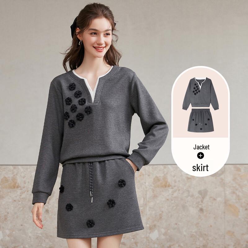 Women s Floral Faux Two-Piece Glitter Knit Set L