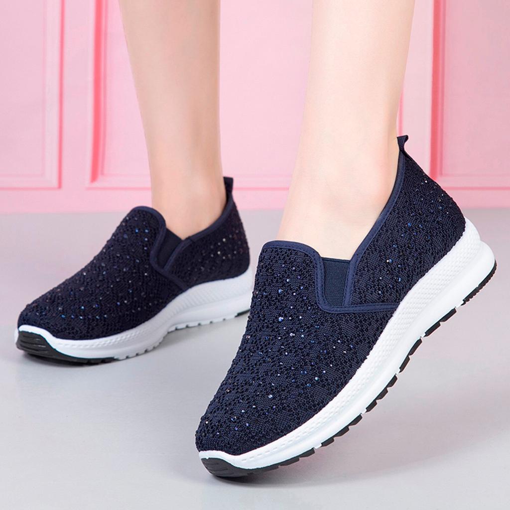 Damenmode, atmungsaktive Wanderschuhe, Mesh-Kristall-Sportschuhe, flacher Boden, lässige Turnschuhe, weicher Boden, modische Mutterschuhe