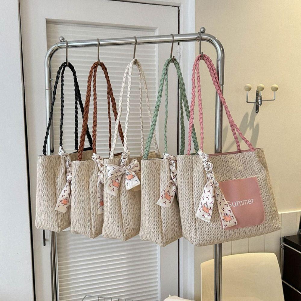 Solid Color Beach Shoulder Bag Balletcore Women Handbag Fashion Straw Woven Tote Bag  Ladies