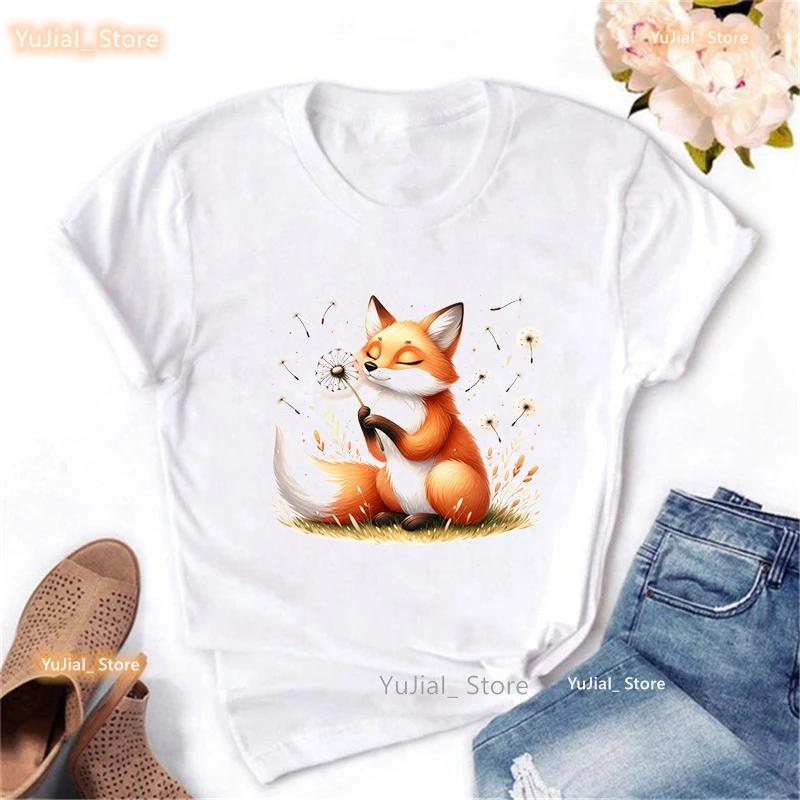 Watercolor Fox Wish Dandelion Animal Printed T Shirt Girls Kawaii Clothes Summer Fashion Tshirt Unisex Harajuku Shirt