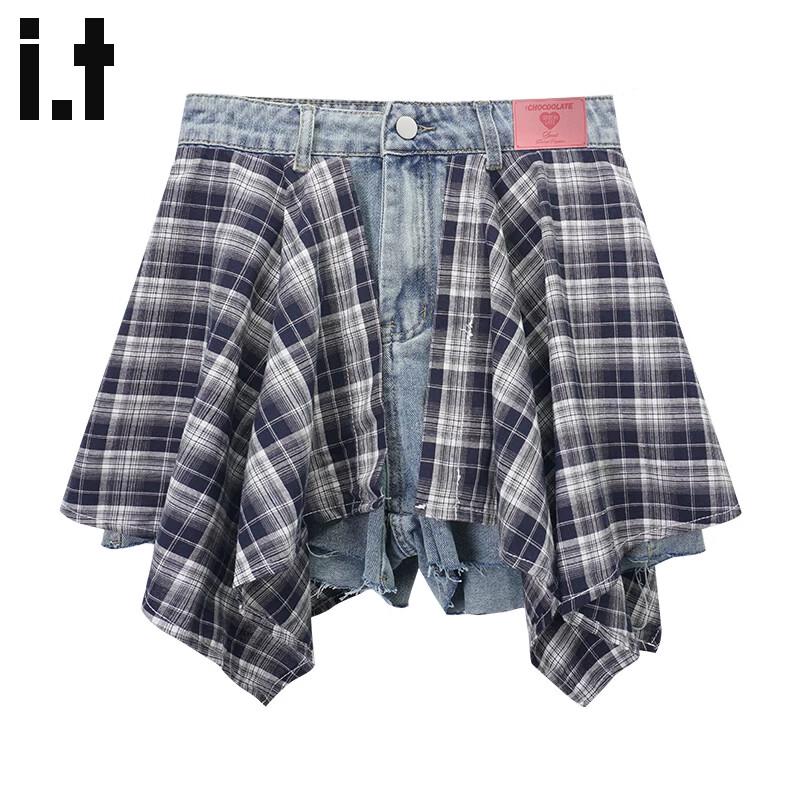 CHOCOOLATEit Plaid Patchwork Denim Skirt Shorts XL