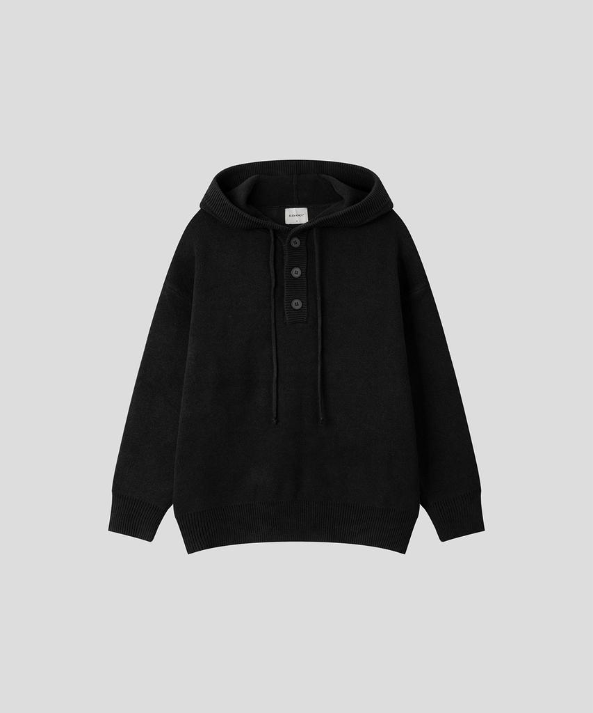 BLACK MOMENT Soft Touch Henley Neck Hooded Knit [Black]