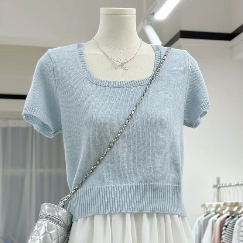 

Южная Корея Дондэмун Нарядная футболка топ с квадратным вырезом и коротким рукавом Женский короткий элегантный универсальный свитер Лето Milk Blue S(Recommend (40.00 kg-47.50 kg)