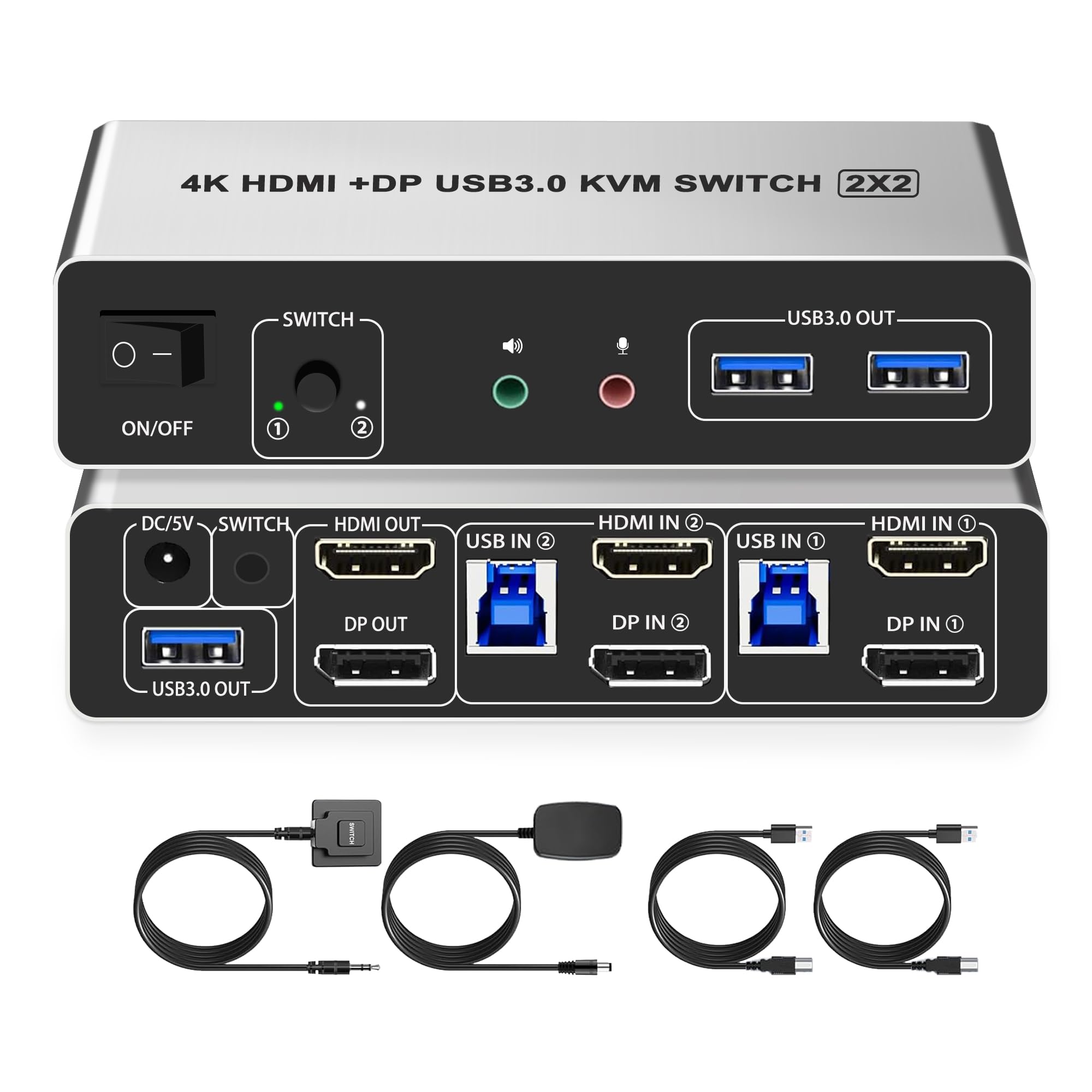 

HDMI DisplayPort KVM Switcher 2 Input 2 Output 2PC Switching Dual Monitor Simultaneous Output 4K 60Hz Audio with Microphone Output and 3 Hubs KVM сірий колір