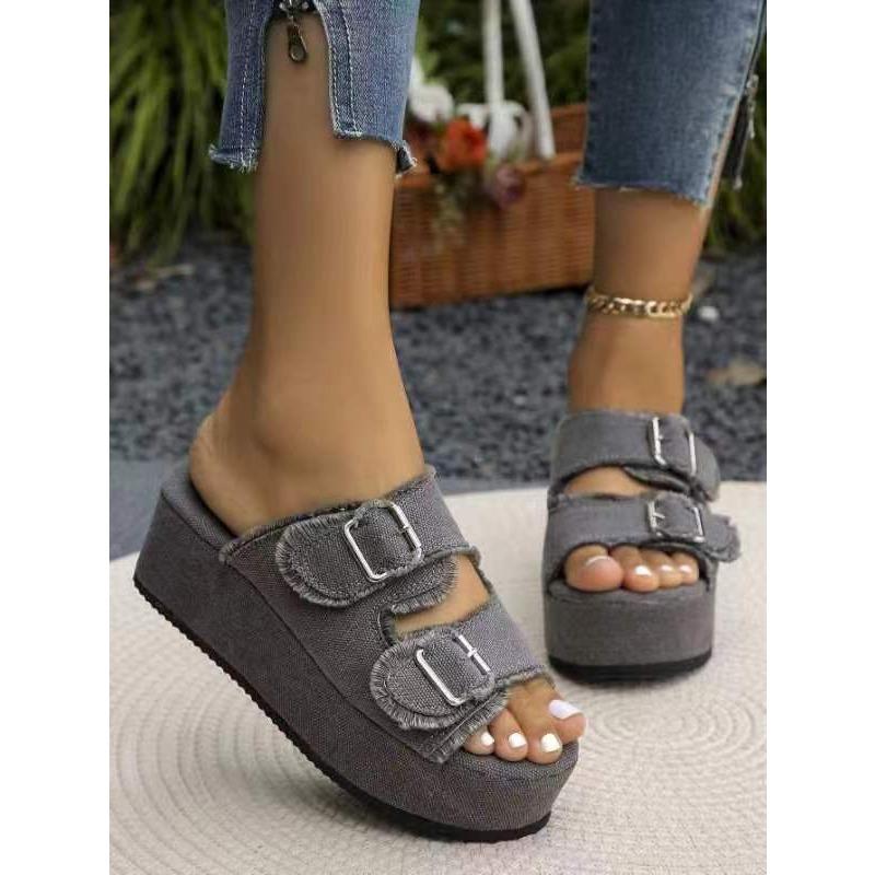 New Large-size Lame-heeled Denim Belt Buckle, One-pedal Cool Slippers, Women's Summer Wear Thick-soled Slippers