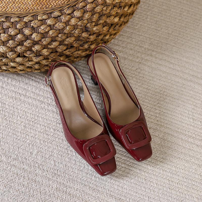 Fashion Korean Style Fashion Square Head Patent Leather Sandals with Shallow Mouth Square Buckle Women Heeled Sandals Zapatos De Mujer