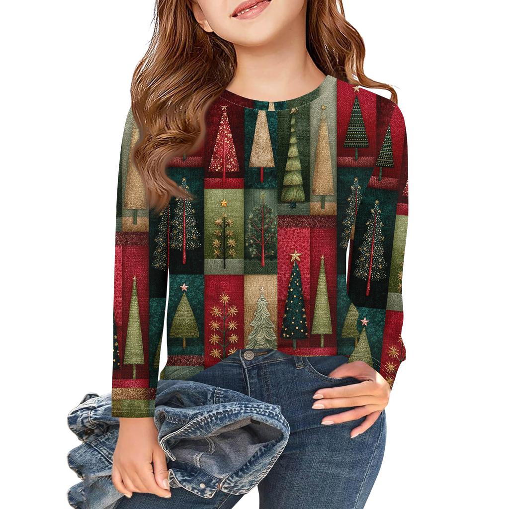 Christmas Day Girls Long Sleeve T Shirts Kids Fall Tops Crewneck Printed Basic Tees