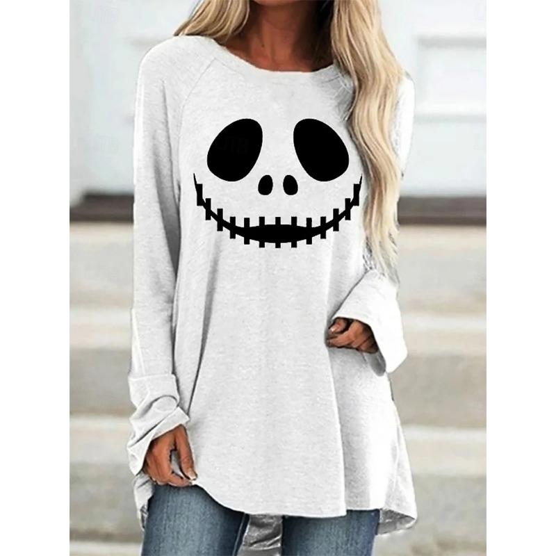 

Ladies Smiling Face Pattern Printed Round Neck Long Sleeved T-shirt Fashionable Casual Top Pullover Clothing 3XL