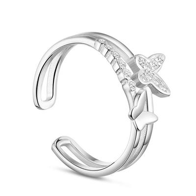 Butterfly Love Silver Ring Girl's Micro-Inlaid Butterfly Zircon Ring Cuff Bracelet Japanese and Korean Style Little Finger Ring