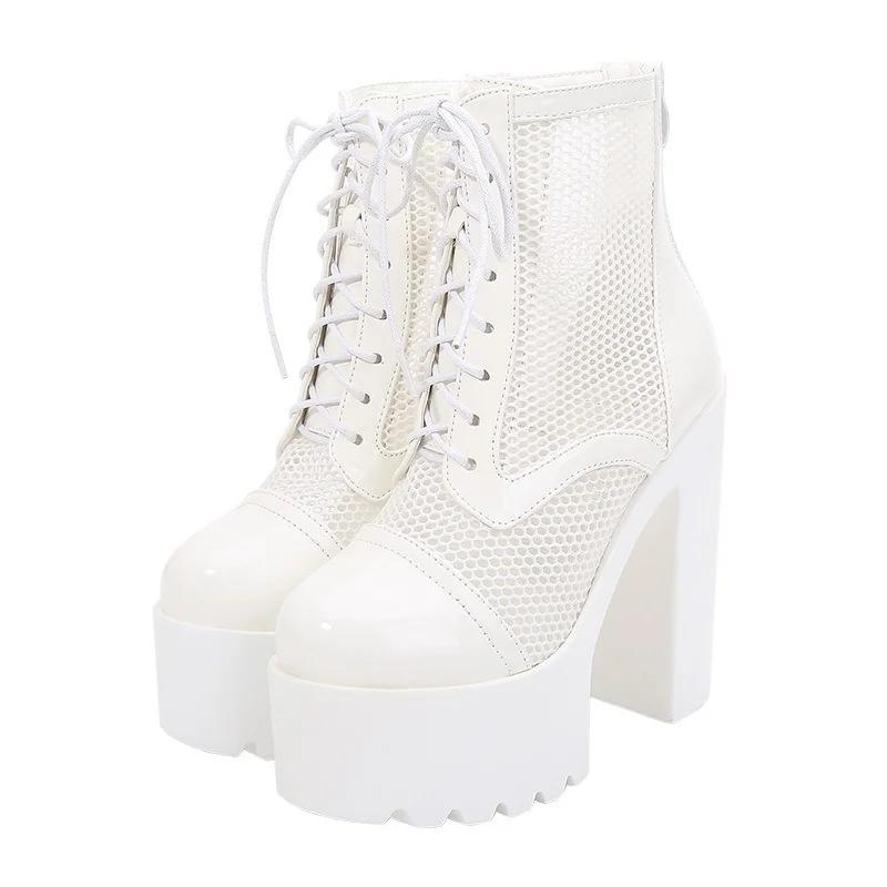 Fashion 14CM Hollow Out Women Mesh Boots High Heels Summer Autumn Sexy Nightclub Shoes Female Back Zipper Basic Boots Platform Cheap