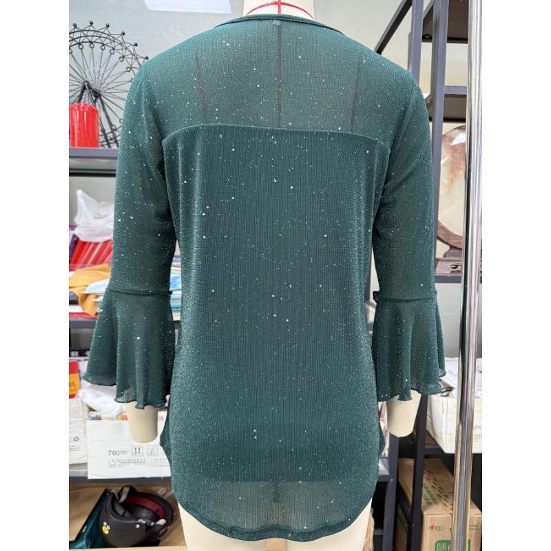 Popular Summer Three-quarter Sleeve Shirt Pleated Bell Sleeves Round Neck Mesh Top