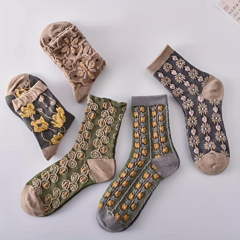 5-Pack Women's Mid-Calf Socks - Embossed Floral & Lace Design, Breathable Ribbed Cuffs, Assorted Colors for Casual & Dressy Occasions