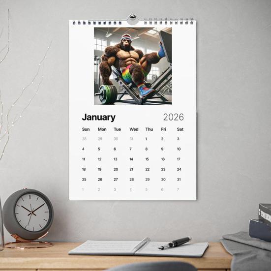 Nástěnný kalendář 2026 Vtipný fitness kalendář Sasquatch 12měsíční kalendář Humorný dárkový předmět s tématikou posilovny pro muže, fanoušky kryptidů, milovníky fitness