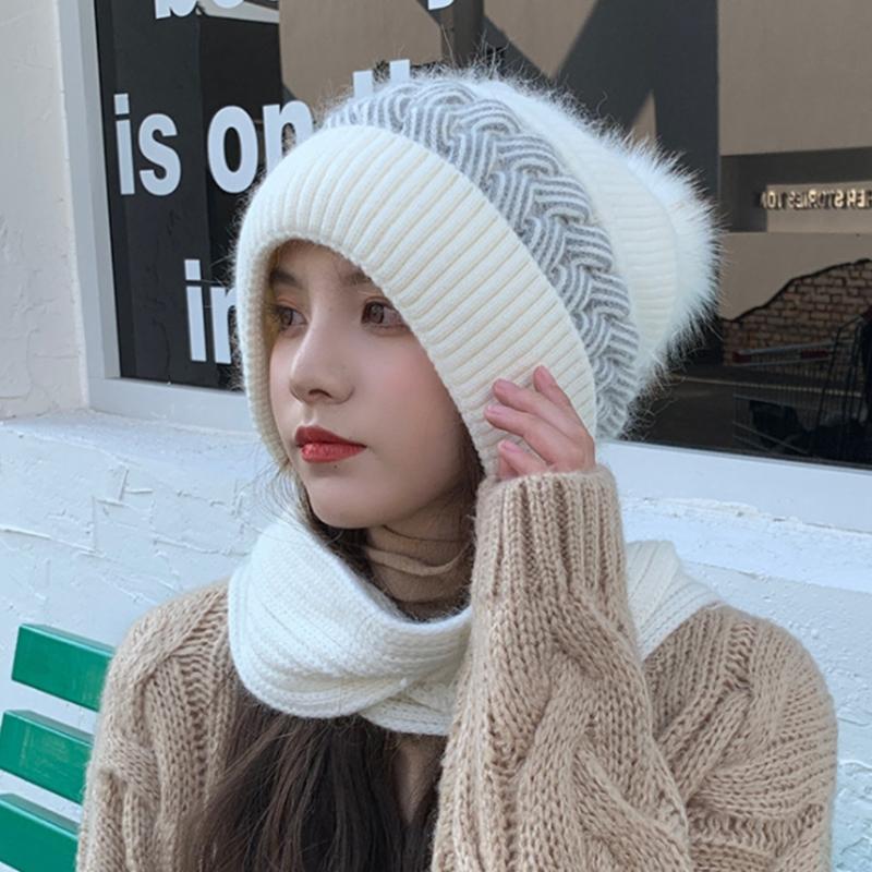 Korean Style Hat Scarf Set Women Winter Warm Cycling Ear for Protection Windproof Knitted Wool Pullover Cap Scarf for Wo