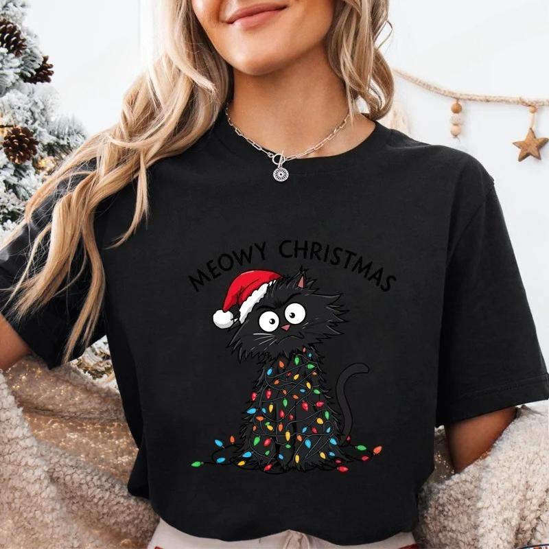 Womens casual pattern Tshirt  Meowy Christmas print Christmas short sleeved round neck Tshirt Christmas Day Tshirt