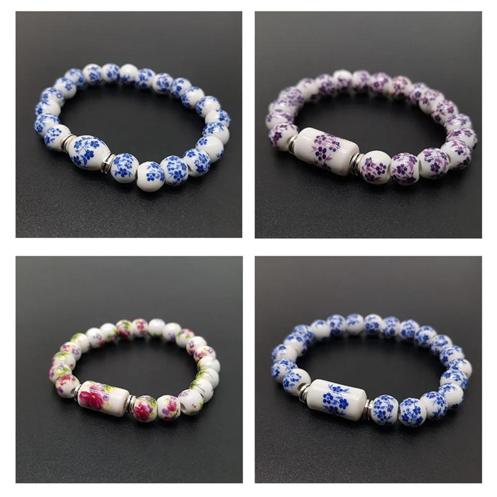 B21 Blue White Pattern Creativity Porcelain  Printing Exquisite Stretch Bead Bracelet 8MM  Plum Blossom Bead Bracelet Jewelry