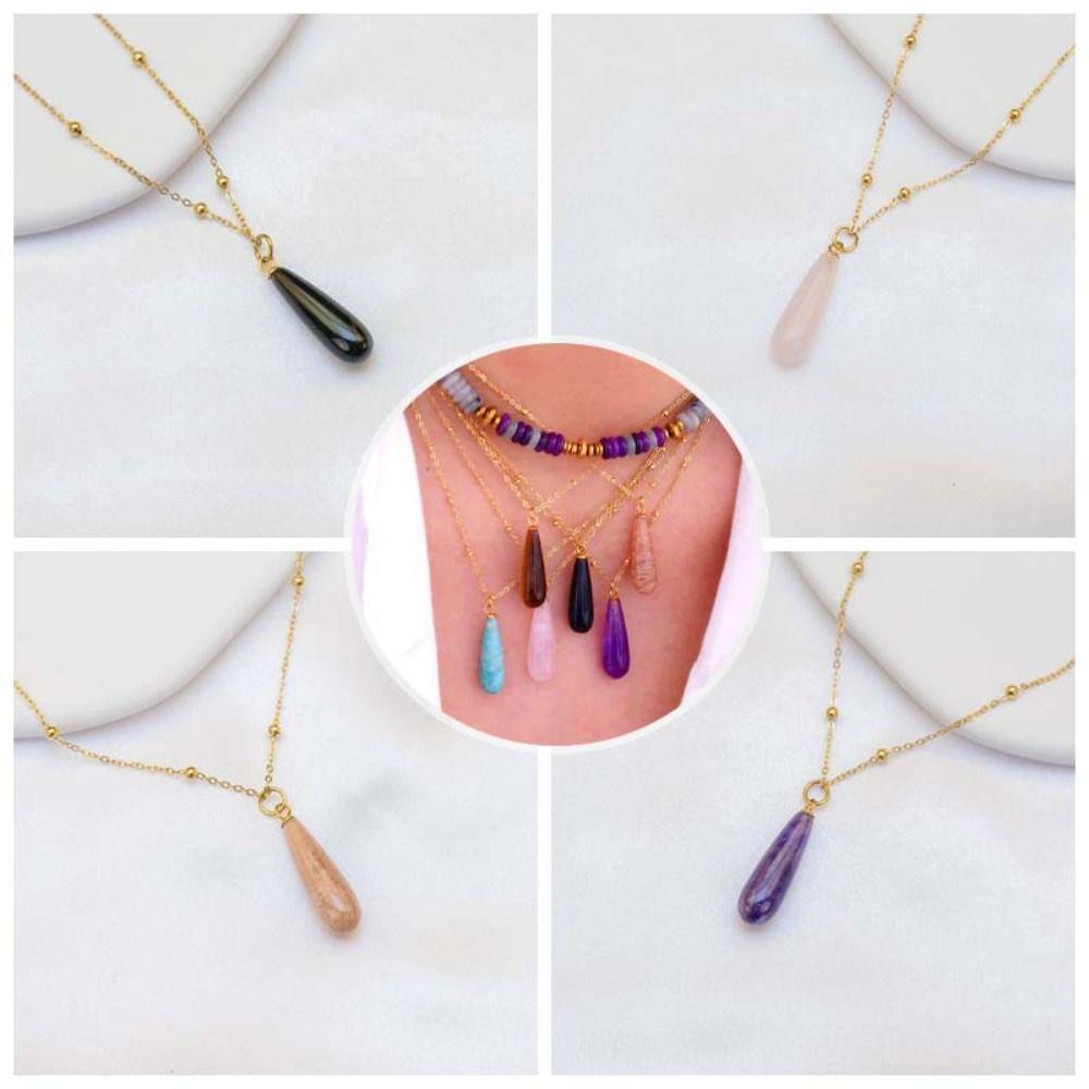 Vintage Waterdrop Pendant Necklace Natural Women Choker Colorful Stone Necklace  Accessories