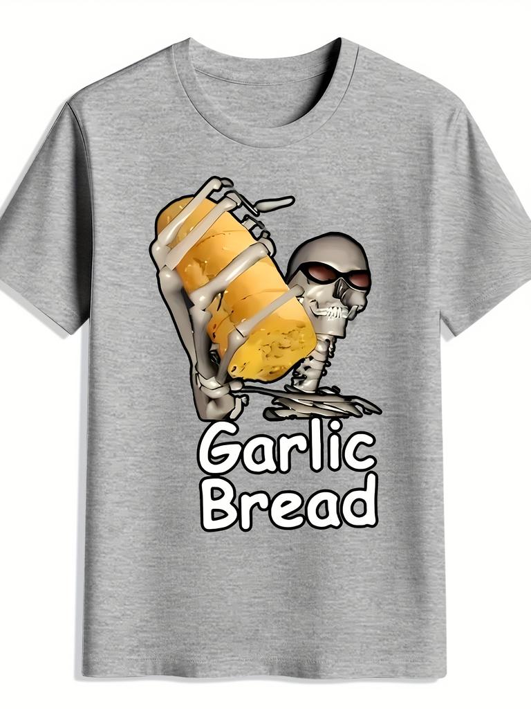 Men's Black Graphic T-shirt - Fun "Garlic Bread" Print Skeleton Design Round Neck Short Sleeve T-shirt Soft Street Hip Hop Shirt
