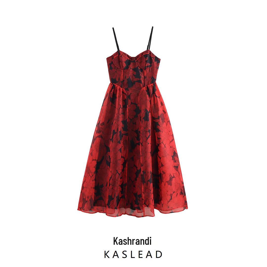 

2025 Spring Women s Fashion Slim Organza Print Dress Large красный