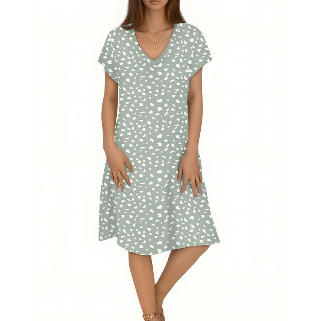 Women's Casual Fashion V-Neck Short Sleeve Floral Print Midi Flowing Dress