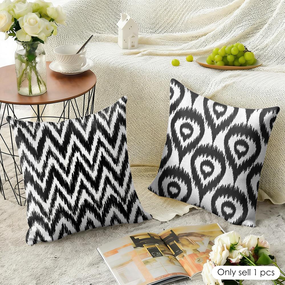 Black White Yellow Striped Geometric Grid Cushion Cover Natural Linen Organic Fabric Printing Breathable Perfect For Home Decor