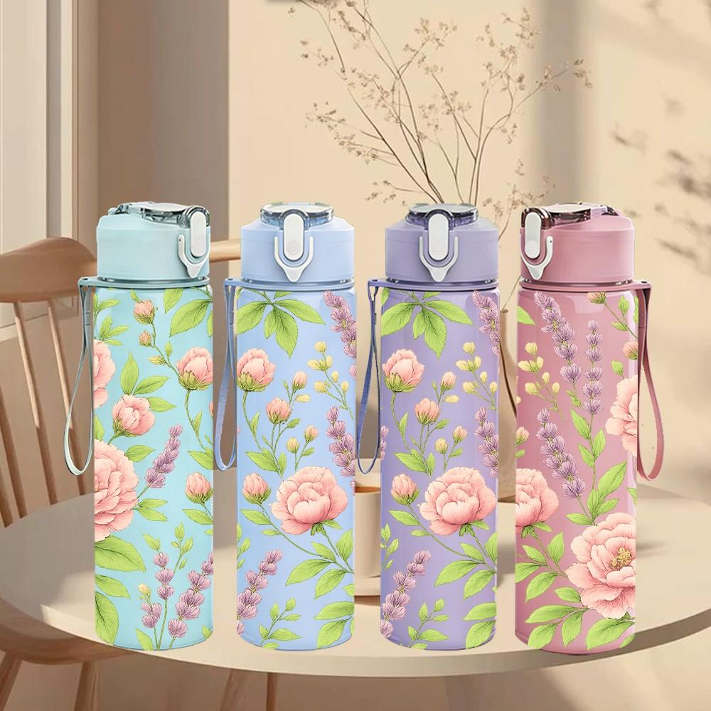 1PC Pink Rose Peony Floral Pattern 750ml Color Plastic Sports Water Bottle Leakproof Flip Straw Lid Suitable for Sports Office Home Use