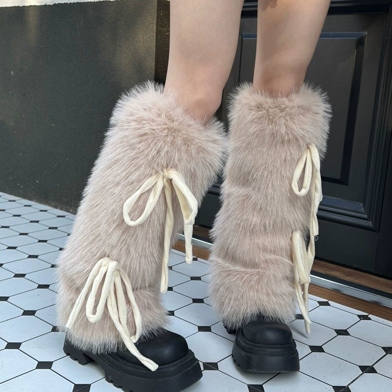 

Осень и зима пушистые гетры бантик миди-труба горячая девочка искусственный мех плюшевые носки снежные чехлы теплые и стройнящие