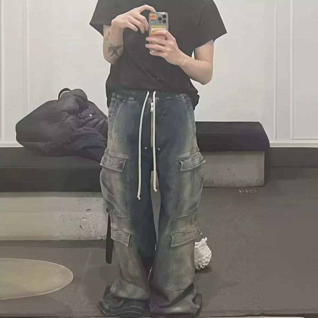 "Washed Blue Gradient Style Capper RO Wide-Leg Overalls for Men & Women"