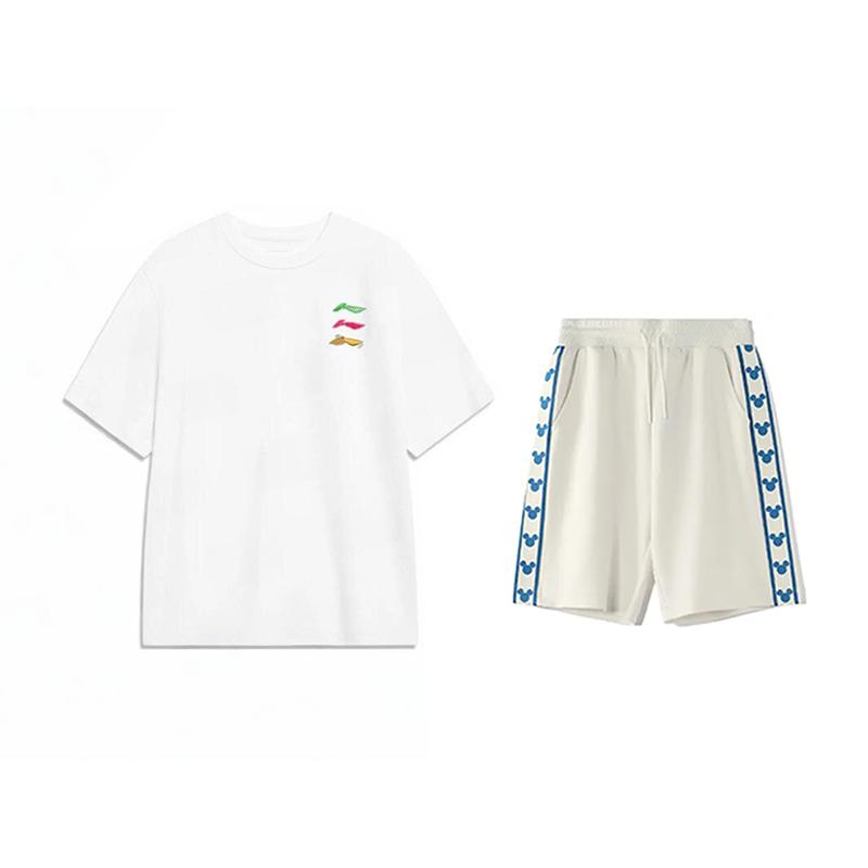 Li Ning Logo Print Round Neck Short Sleeve Loose Fashion Comfortable Five Point Pants Casual Sports Suit Unisex Suit YHSV373-1+YKSV129-1