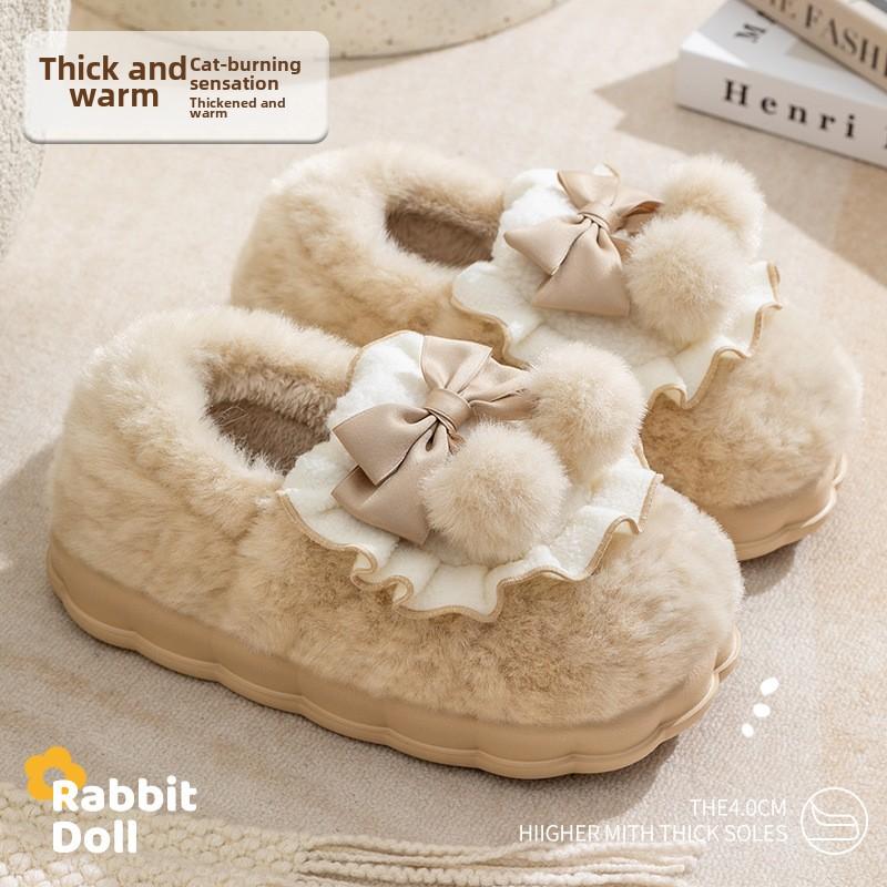 Fashion Fashion Cute Pretty Bow Women Slippers Indoor Winter Soft Sole Exquisite Warm Graceful Causal Quality Comfy Flat Cotton Slippers