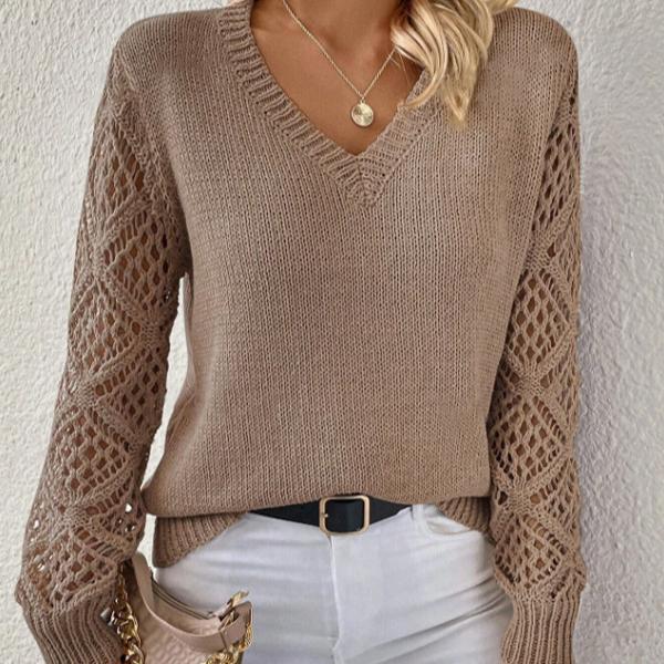 Pull col V à manches longues en tricot creux pour femme automne et hiver