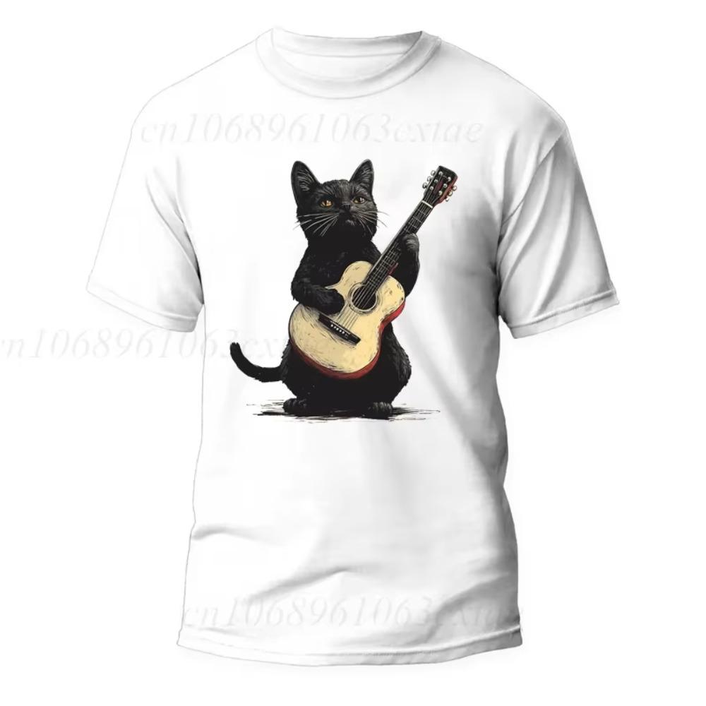 Summer Fashion T-shirt Cat Playing Guitar Music Lover Rock Roll T-Shirt Men Tops Casual Metalli Cat Print Fashion Street Wear