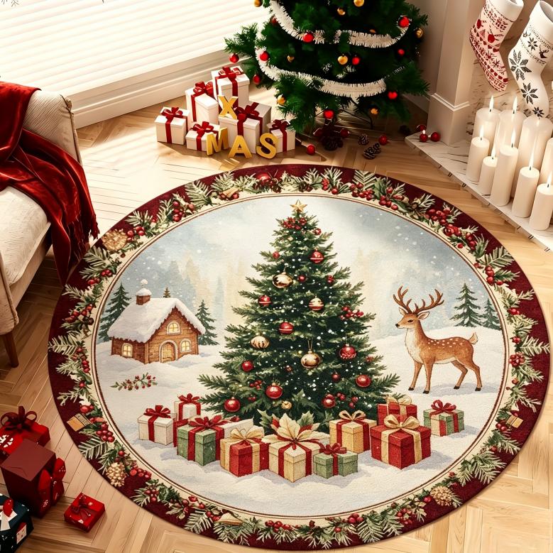 Vintage Christmas Round Floor Rug Snowy Winter Cabin Reindeer Xmas Tree Present Pattern Decor Area Rug for Indoor Home Ornament